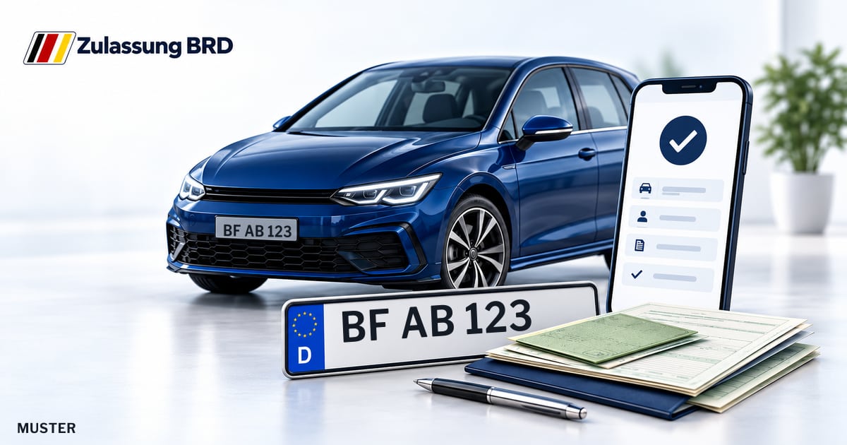 Online Fahrzeugzulassung in Nordwalde: Musterkennzeichen BF AB 123, Auto und Fahrzeugpapiere und Smartphone. Illustration mit Logo von Zulassung BRD.